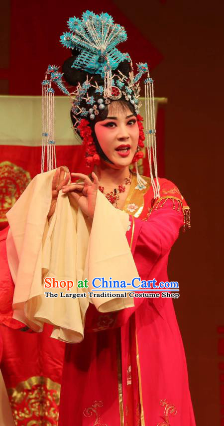Chinese Shaoxing Opera Noble Lady Red Dress Garment A Tragic Marriage Yue Opera Costumes Diva Bride Jiang Suping Wedding Apparels and Headdress