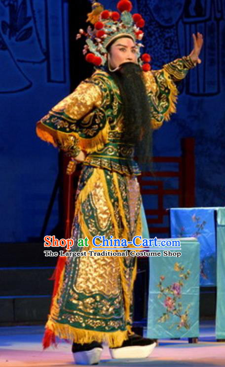 Chinese Yue Opera Wu Sheng Costumes Green Armor and Hat Shaoxing Opera Martial Male Apparels A Tragic Marriage Swordsman Garment
