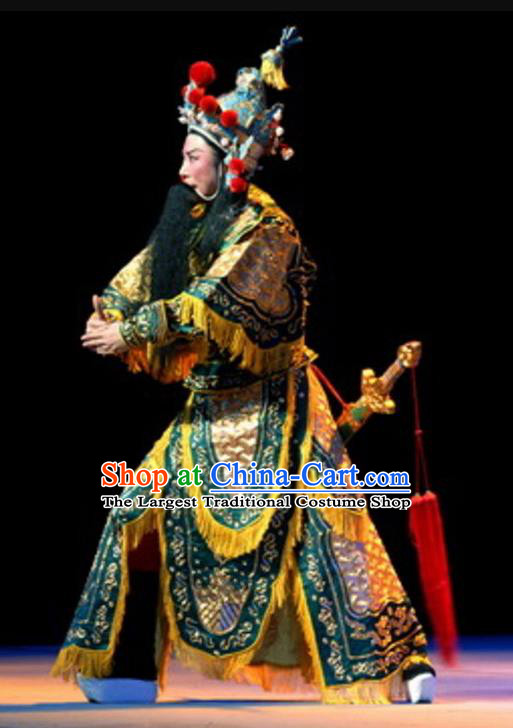 Chinese Yue Opera Wu Sheng Costumes Green Armor and Hat Shaoxing Opera Martial Male Apparels A Tragic Marriage Swordsman Garment