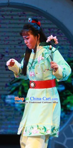 The Wrong Red Silk Chinese Yue Opera Livehand Apparels Shaoxing Opera WaWa Sheng Costumes Servant Garment and Headpiece