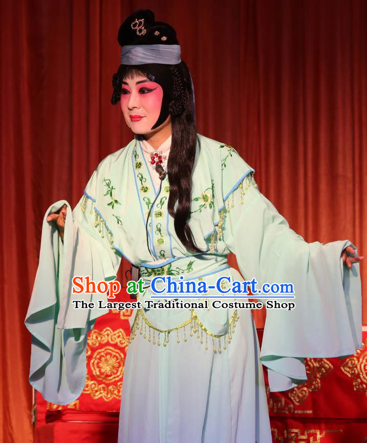 Chinese Shaoxing Opera Female Dan Green Dress Garment A Tragic Marriage Yue Opera Distress Maiden Costumes Tsing Yi Wang Lianjuan Apparels and Headwear