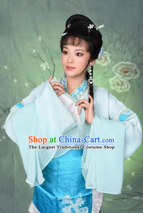 Chinese Shaoxing Opera Hua Tan Zhang Liuyue The Wrong Red Silk Costumes Yue Opera Beauty Garment Young Lady Blue Apparels and Headpieces