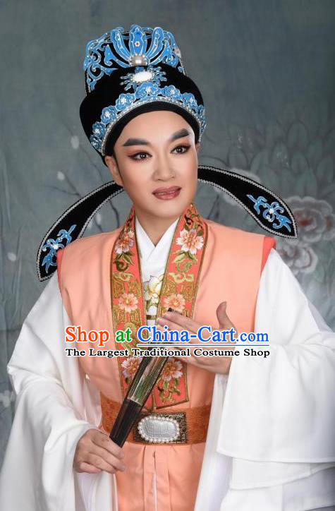 Chinese Yue Opera Scholar Costumes The Wrong Red Silk Apparels Shaoxing Opera Xiao Sheng Young Male Zhang Qiuren Garment and Hat