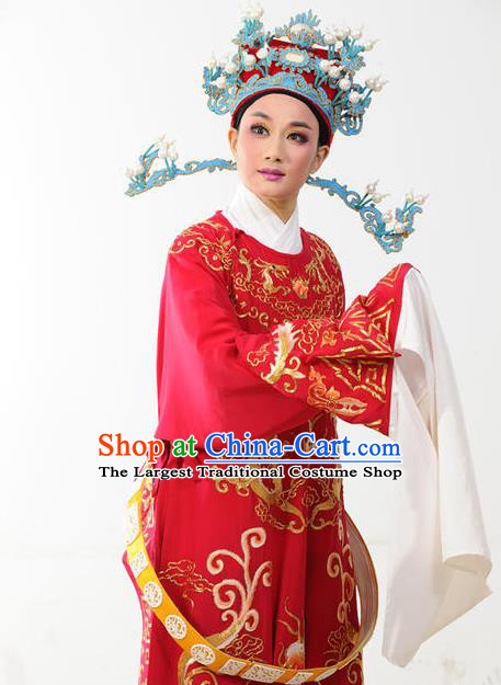 Chinese Yue Opera Number One Scholar Costumes Garment Shaoxing Opera Meng Lijun Apparels Young Male Red Python Embroidered Robe and Headwear