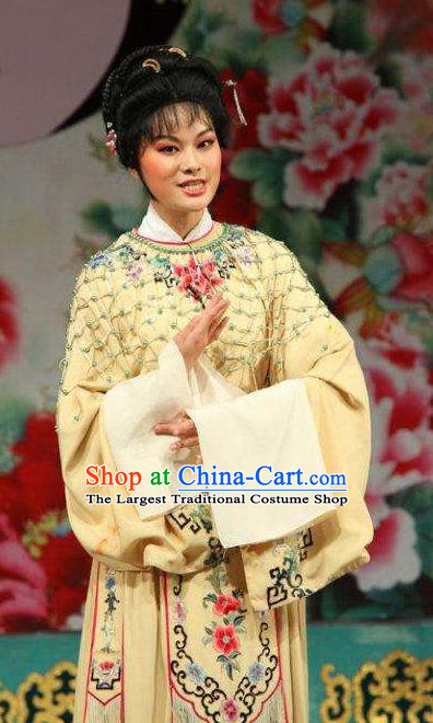 Chinese Shaoxing Opera Young Female Yellow Dress Garment Yue Opera Zhui Yu Costumes Actress Noble Lady Jin Mudan Apparels and Hair Accessories