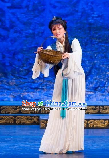 Chinese Shaoxing Opera Village Woman Dress Yue Opera Wu Nv Bai Shou Hua Dan Garment Costumes Yang Sanchun Apparels and Headdress