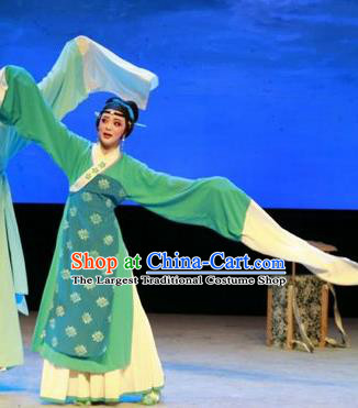 Chinese Shaoxing Opera Country Woman Green Dress and Headpiece Yue Opera Shuang Jiao Jie Qin Garment Costumes Actress Young Mistress Apparels