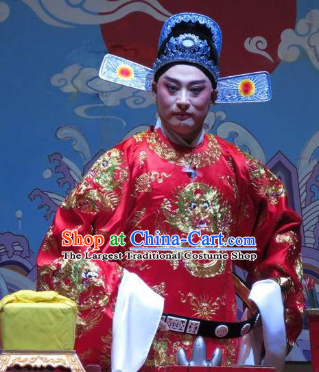 Chinese Yue Opera Tell On Sargam Costumes and Hat Shaoxing Opera Xiaosheng Garment Young Male Apparels Clothing Chen Guangzu Red Embroidered Robe