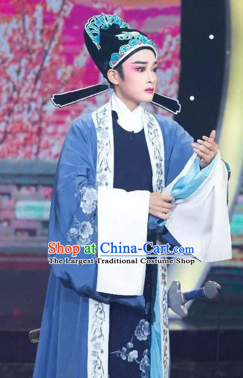 Chinese Yue Opera Niche Scholar Lu You And Tang Wan Costumes and Headwear Shaoxing Opera Xiaosheng Apparels Blue Embroidered Robe Garment