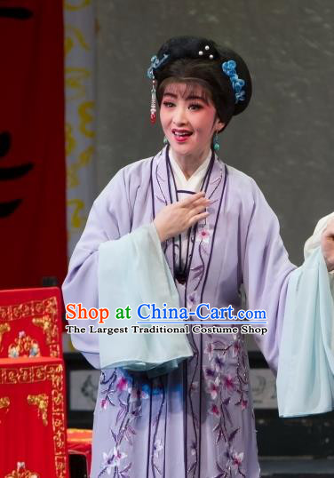 Chinese Shaoxing Opera Civilian Female Purple Dress Apparels Yue Opera Wu Nv Bai Shou Hua Dan Costumes Yang Sanchun Garment and Hair Accessories