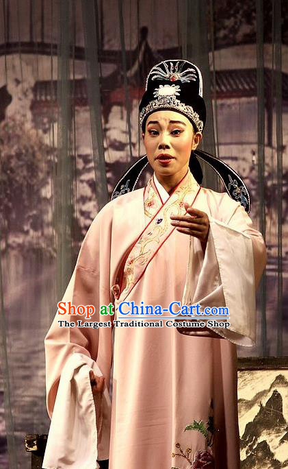 Chinese Yue Opera Young Male Wu Nv Bai Shou Costumes and Headwear Shaoxing Opera Scholar Xiaosheng Pink Embroidered Robe Apparels Garment