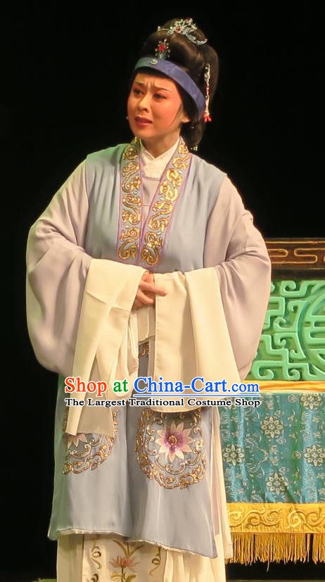 Chinese Shaoxing Opera Laodan Blue Cape Dress Yue Opera Wu Nv Bai Shou Costumes Elderly Female Garment Dame Apparels and Headdress