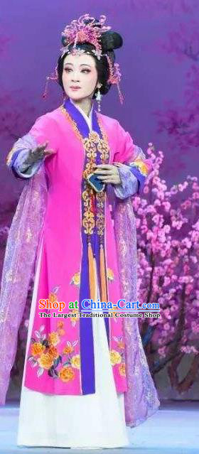 Chinese Shaoxing Opera Elderly Lady Rosy Dress Costume and Hair Accessories Yue Opera Apparels Tan Chun Noble Dame Garment