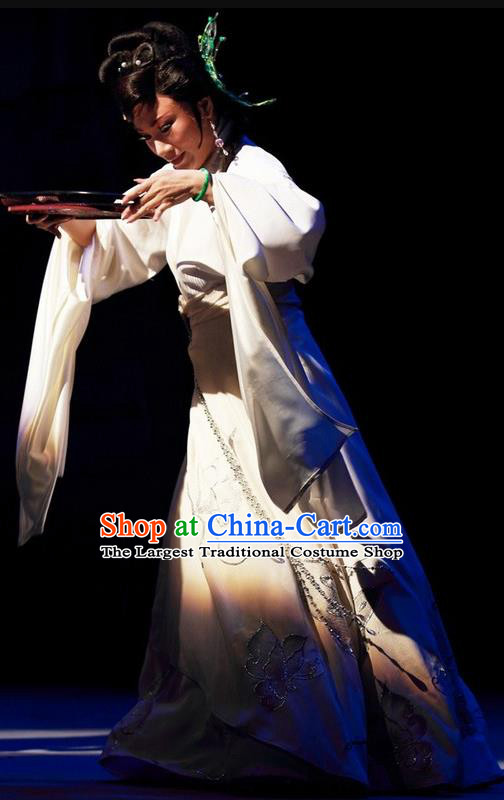Chinese Shaoxing Opera Female Role White Dress and Headdress Hu Die Meng Butterfly Dream Yue Opera Garment Costumes Distress Maiden Apparels