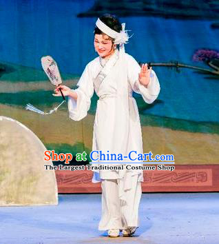 Chinese Shaoxing Opera Distress Maiden White Dress Apparels and Headdress Hu Die Meng Butterfly Dream Yue Opera Female Role Garment Costumes