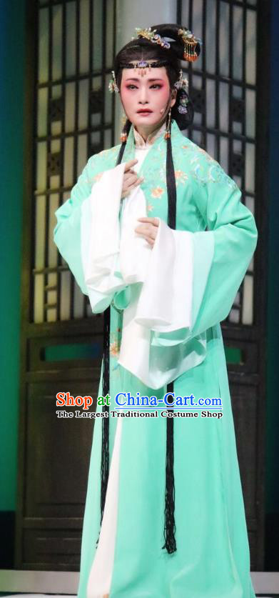 Chinese Shaoxing Opera Huadan Young Female Hui Niang Costumes and Hair Accessories Xiang Luo Ji Yue Opera Actress Garment Apparels Green Dress