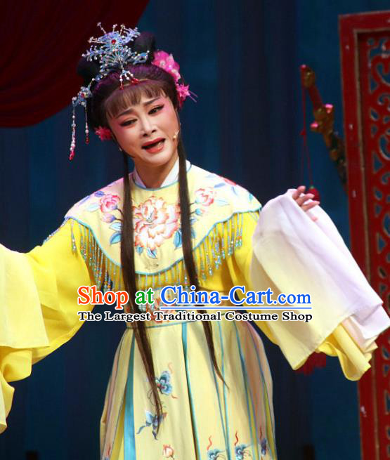 Chinese Shaoxing Opera Princess Liu Jinding Actress Apparels Yellow Dress Costumes and Hair Accessories San Kan Yu Mei Yue Opera Hua Tan Garment