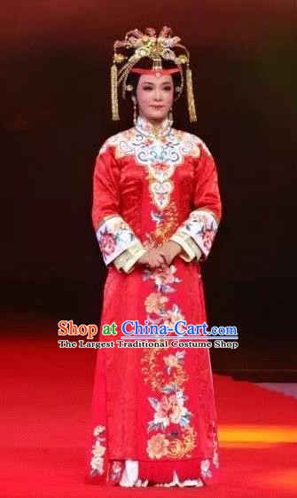 Feng Jie Chinese Shaoxing Opera Hua Tan Red Dress Apparels and Headpieces Yue Opera Noble Mistress Wang Xifeng Garment Costumes