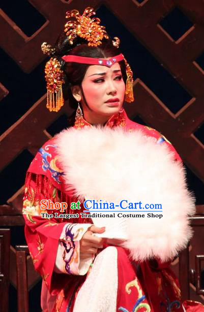 Feng Jie Chinese Shaoxing Opera Noble Mistress Wang Xifeng Red Dress Apparels and Headpieces Yue Opera Hua Tan Costumes Garment