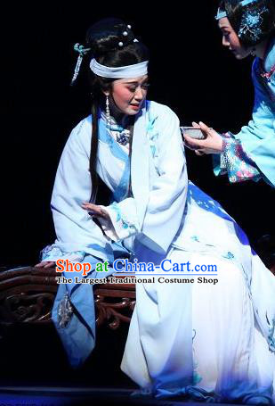Chinese Shaoxing Opera Distress Maiden Feng Jie Costumes and Headdress Yue Opera Noble Consort You Erjie Dress Young Female Garment Apparels