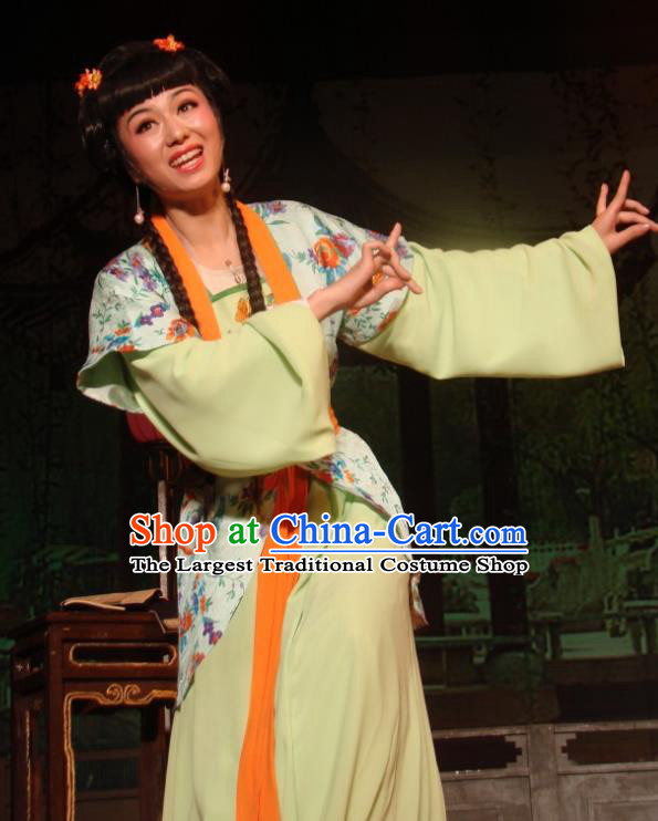 Chinese Shaoxing Opera Young Lady Costumes and Hair Accessories Lions Roar Yue Opera Xiaodan Dress Apparels Servant Girl Garment