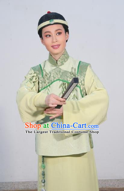 Chinese Yue Opera Young Male Costumes and Headwear Shaoxing Opera Ban Ba Jan Dao Apparels Qing Dynasty Childe Xu Tianci Garment Clothing