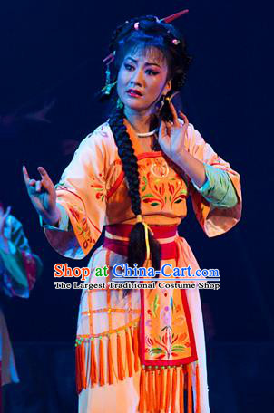 Chinese Shaoxing Opera Fisher Maiden Costumes and Hair Accessories Yue Opera Hua Tan Hai Ming Zhu Actress Garment Dress Apparels