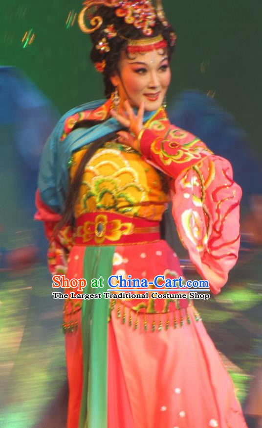 Chinese Shaoxing Opera Hua Tan Actress Costumes and Headpieces Yue Opera Hua Tan Hai Ming Zhu Dragon Princess Pink Dress Garment Apparels
