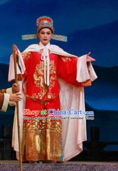 Chinese Yue Opera Scholar Red Embroidered Robe Costumes and Hat Xun An Zhan Fu Shaoxing Opera Xiaosheng Young Male Xu Qing Apparels Garment