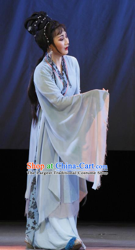 Chinese Shaoxing Opera Actress Blue Dress and Headpieces The Princess Messenger Farewell at Lakeside Yue Opera Hua Tan Garment Apparels Dragon Girl Costumes