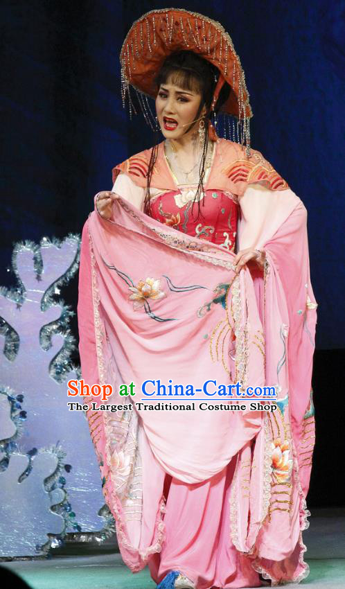 Chinese Shaoxing Opera Actress Pink Dress Apparels Costumes and Tassel Hat The Princess Messenger Farewell at Lakeside Yue Opera Hua Tan Dragon Princess San Niang Garment