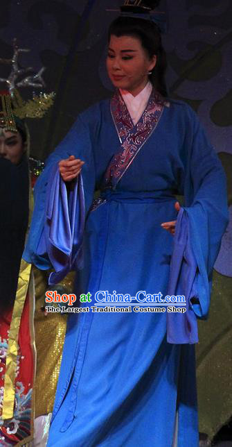 Chinese Yue Opera Scholar Blue Robe Apparels and Headwear The Princess Messenger Farewell at Lakeside Shaoxing Opera Young Male Liu Yi Garment Costumes