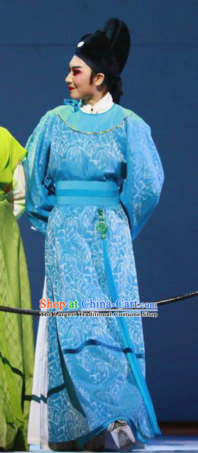 Liu Yong Chinese Yue Opera Young Male Blue Robe Garment and Hat Shaoxing Opera Scholar Poet Costumes Apparels