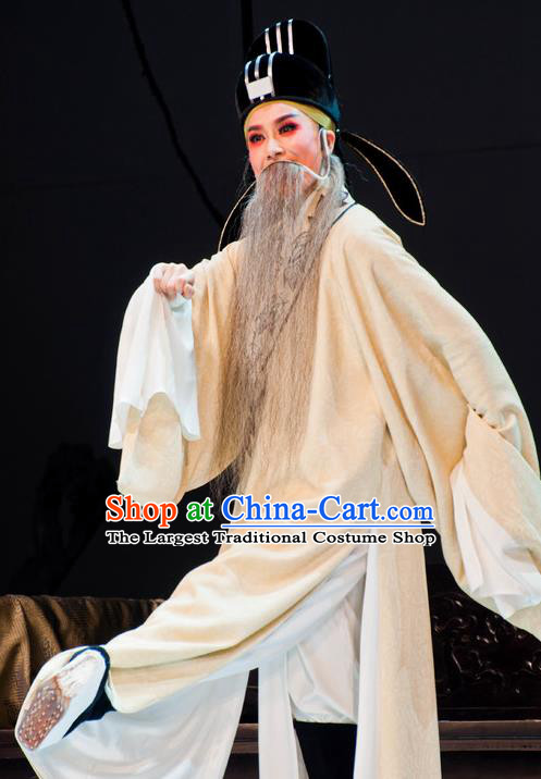 Chinese Yue Opera Elderly Male White Robe Garment and Headwear Shaoxing Opera Lao Sheng Costumes Apparels Poet Clothing
