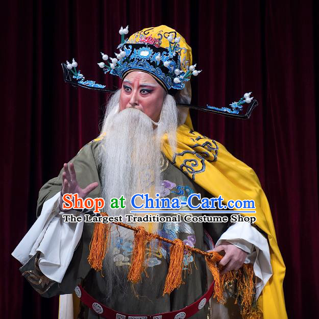 Zhuang Yuan Da Geng Chinese Yue Opera Elderly Male Garment and Headwear Shaoxing Opera Laosheng Costumes Apparels Prime Minister Embroidered Robe