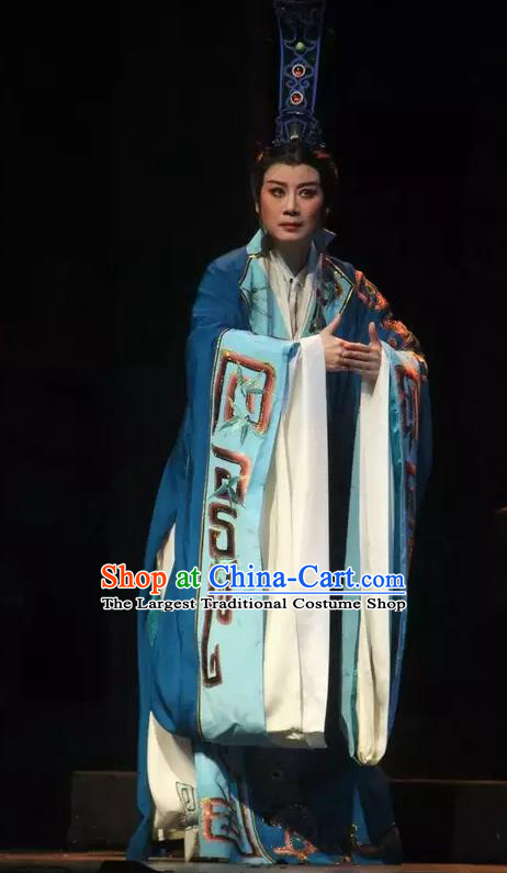 Chinese Yue Opera Official Blue Costumes Han Feizi Young Male Clothing and Headwear Shaoxing Opera Xiaosheng Han Fei Garment Apparels
