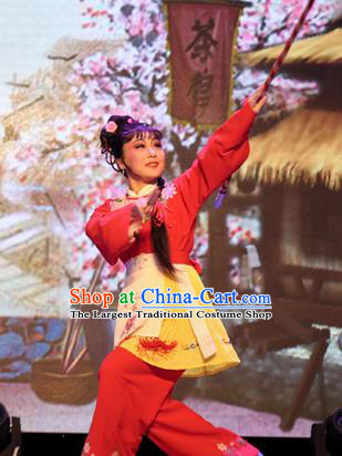 Chinese Shaoxing Opera Country Girl Wang Lanying Dress Garment and Hair Accessories He Wenxiu Yue Opera Hua Tan Young Lady Apparels Costumes