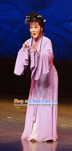 Chinese Shaoxing Opera Hua Tan Young Female Wang Lanying Purple Dress Costumes and Headpieces He Wenxiu Yue Opera Actress Garment Apparels