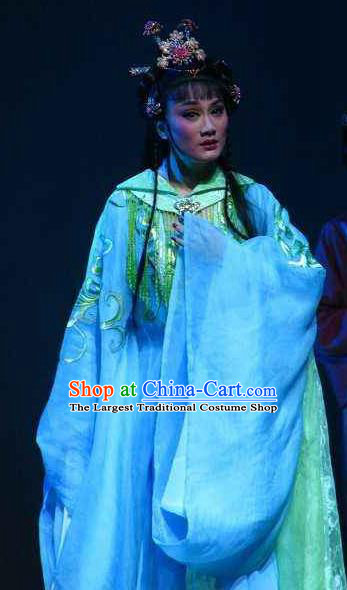 Chinese Shaoxing Opera Imperial Consort Xiang Ning Blue Dress Costumes and Headdress Butterfly Love Monk Yue Opera Hua Tan Garment Apparels