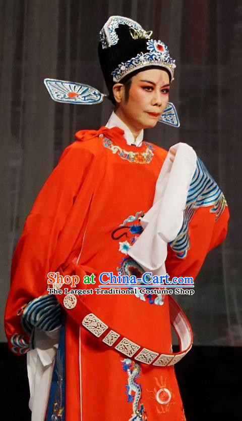 Chinese Yue Opera Wedding Costumes Palace Refuse Marriage Apparels and Headwear Shaoxing Opera Scholar Official Song Hong Red Embroidered Robe Garment