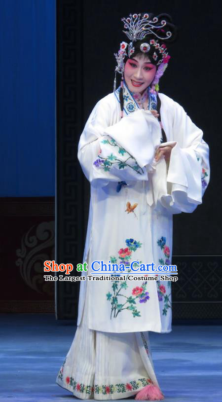 Chinese Ping Opera Diva Apparels Costumes and Headpieces Traditional Pingju Opera Lv Bu And Diao Chan Hua Tan Young Beauty White Dress Garment