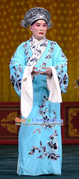 Tao Hua Cun Chinese Peking Opera Young Male Garment Costumes and Headwear Beijing Opera Xiaosheng Apparels Scholar Bian Ji Clothing