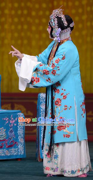 Chinese Beijing Opera Hua Tan Apparels Costumes and Headdress Tao Hua Cun Traditional Peking Opera Diva Blue Dress Actress Liu Yuyan Garment