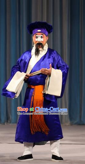 Tao Hua Cun Chinese Peking Opera Old Man Garment Costumes and Headwear Beijing Opera Chou Apparels Clown Blue Clothing