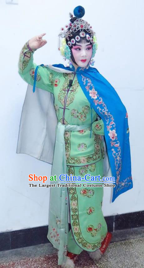 Chinese Ping Opera Wu Dan Green Apparels Costumes and Headpieces Traditional Pingju Opera San Kan Yu Mei Martial Woman Dress Garment