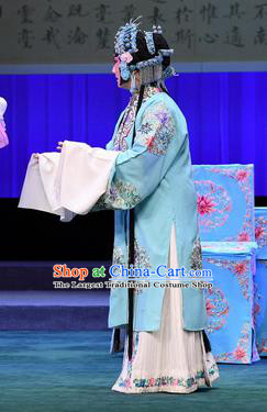 Chinese Beijing Opera Young Female Zhang Yuzhen Apparels Costumes and Headdress Love of Jade Hairpin Traditional Peking Opera Hua Tan Dress Actress Blue Garment