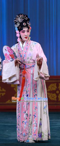 Chinese Beijing Opera Hua Tan Apparels Costumes and Headdress Xie Yaohuan Traditional Peking Opera Actress Pink Dress Young Woman Garment