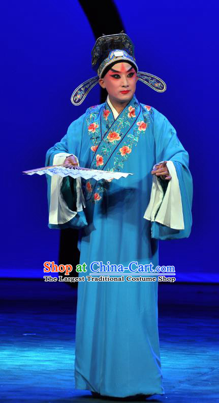 Xie Yaohuan Chinese Peking Opera Young Man Garment Costumes and Headwear Beijing Opera Scholar Apparels Clothing Niche Blue Robe