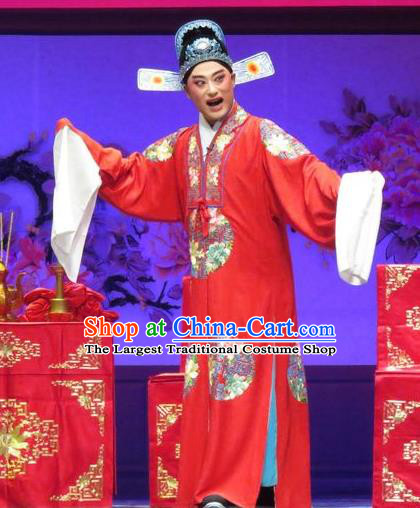 Tell on Sargam Chinese Ping Opera Groom Garment Costumes and Headwear Pingju Opera Xiaosheng Chen Guangzu Apparels Clothing