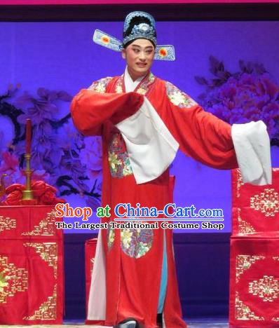Tell on Sargam Chinese Ping Opera Groom Garment Costumes and Headwear Pingju Opera Xiaosheng Chen Guangzu Apparels Clothing